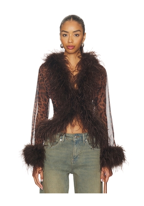 Bubish Gigi Sheer Feather Blouse Top in Brown. Size M. Also in S, XS.