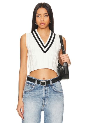 MORE TO COME Jade Varsity Cropped Vest in White. Size M. Also in S.