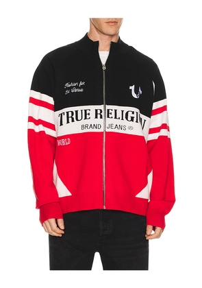 True Religion Racing Raglan Zip Sweater in Red. Size L. Also in S, M, XL/1X.