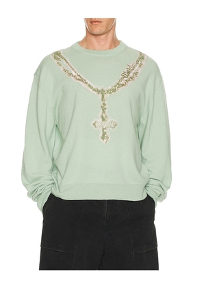 WE11DONE Pearl Logo Necklace Print Pullover in Mint. Size L. Also in S, M.