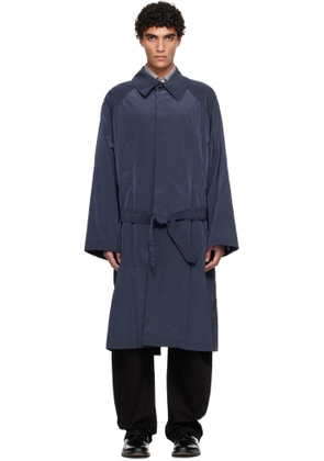 Hed Mayner Navy Crinkled Trench Coat