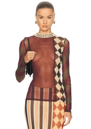 Jean Paul Gaultier Mesh Patchwork Long Sleeve Top in Multicolor - Burgundy,Dark Green. Size XS (also in S).