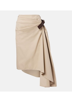 Loewe Leather-trimmed draped cotton and silk midi skirt