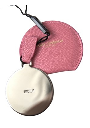 Dolce & Gabbana Pink Calfskin Leather Round Logo Print Hand Mirror Holder