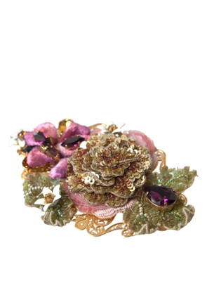 Gold Brass Floral Crystal Sequined Hair Clip