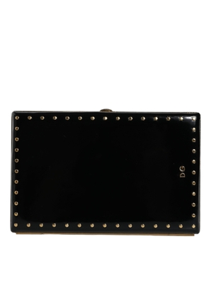 Black Leather Studs Gold Frame Clutch Evening Purse Bag