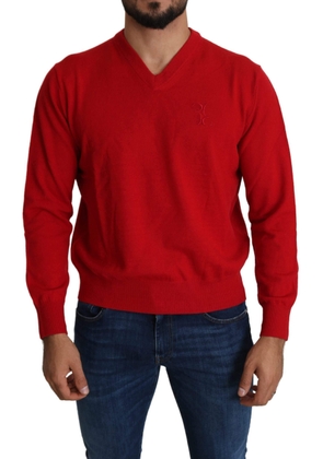 Billionaire Italian Couture Red V-neck Wool Sweatshirt Pullover Sweater - XL