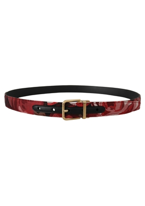 Dolce & Gabbana Red Jacquard Rose Leather Gold Metal Buckle Belt - 90 cm / 36 Inches