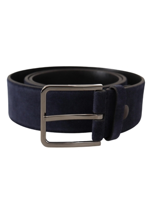 Dolce & Gabbana Navy Blue Velvet Leather Silver Logo Buckle Belt - 90 cm / 36 Inches