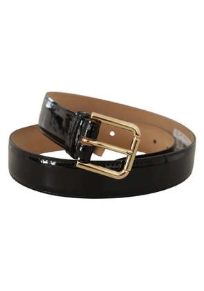 Black Leather Gold Metal Logo Engraved Buckle Belt - 80 cm / 32 Inches