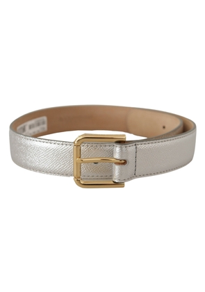 Dolce & Gabbana Silver Leather Gold Tone Logo Metal Waist Buckle Belt - 65 cm / 26 Inches