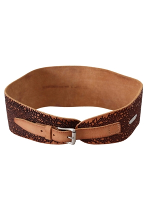 Scervino Street Brown Wide Leather Embroidered Design Logo Belt - 85 cm / 34 Inches