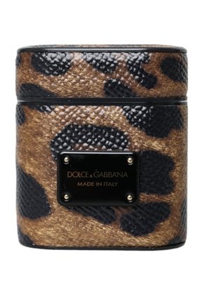 Brown Leopard Calf Leather Metal Logo Plaque Airpods Case