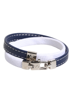 Blue White Leather Trimmed DG Engraved Silver Tone Clasp Bracelet