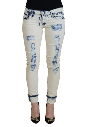 White Blue Cotton Skinny Women Tattered Denim Jeans - W26