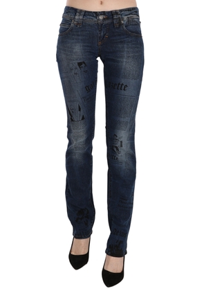 Blue Newspaper Print Low Waist Skinny Denim Pants - W24
