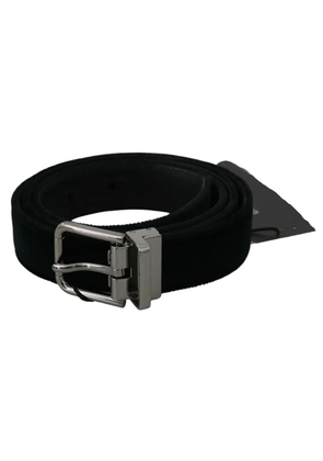 Black Velvet Leather Silver Buckle Belt - 95 cm / 38 Inches