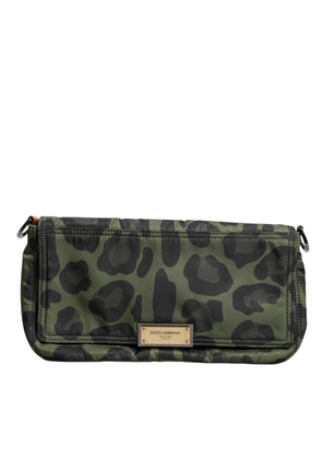 Green Nylon Leopard Print Shell Messenger Crossbody Bag