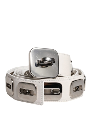 White Leather Gold Tone Rotating Buckle Belt - 90 cm / 36 Inches