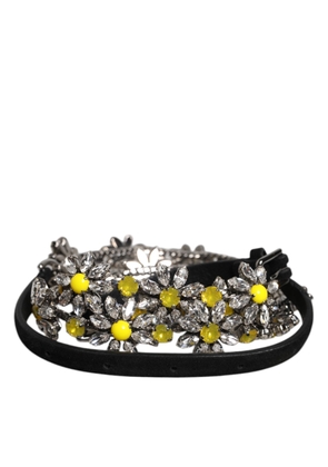 Black Leather Daisy Crystal Embellish Waist Belt - 85 cm / 34 Inches