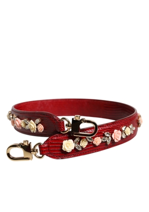 Red Leather Floral Embellish Bag Shoulder Strap