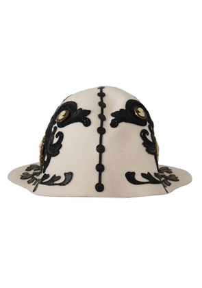 White Black Wool Embroidered Cameo Brooch Hat