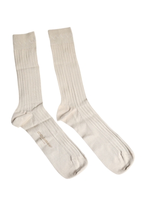 Beige Cotton Stretch Logo Mid Calf Socks - L