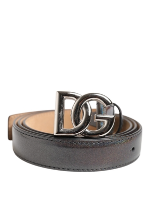 Metallic Leather Silver Tone Logo Buckle Belt - 85 cm / 34 Inches
