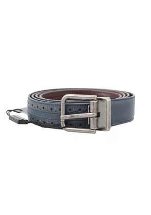 Blue Perforated Leather Gray Buckle Belt - 90 cm / 36 Inches