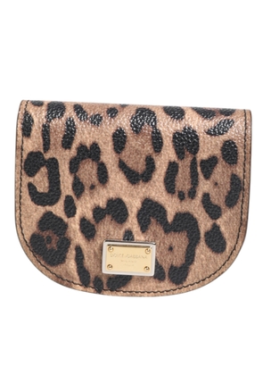 Brown Black Calf Leather Leopard Print Logo Plaque Wallet