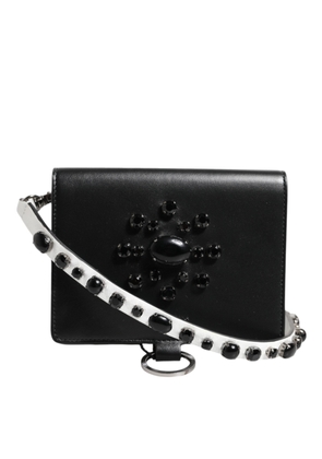 Black Leather Crystal Embellished Card Holder Wallet