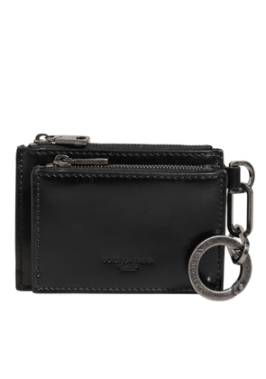Black Leather Zipped Card Holder Coin Purse Keyring Wallet