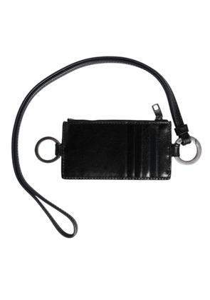 Black Leather Logo Embossed Lanyard Card Holder Wallet