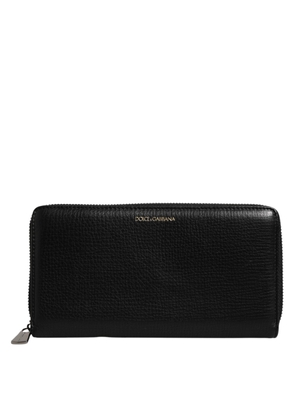 Black Calfskin Leather Logo Zip Around Continental Wallet