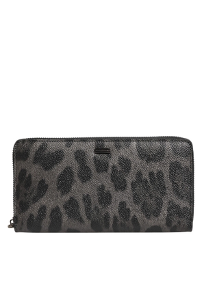 Black Gray Leopard Leather Zip Around Continental Wallet