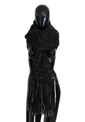 Dolce & Gabbana Black Wool Knitted Wrap Foulard Fringe Scarf
