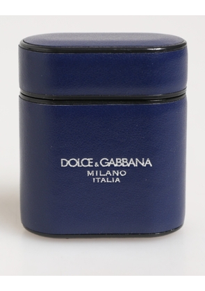 Blue Leather Logo Print Flip Holder Men Airpods Case