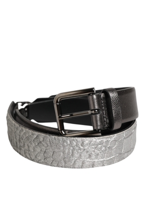 Dolce & Gabbana Black Silver Pebbled Texture Leather Buckle Men Belt - 85 cm / 34 Inches