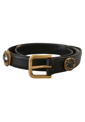 Dolce & Gabbana Black Leather Embellished Crystal Logo Belt - 85 cm / 34 Inches