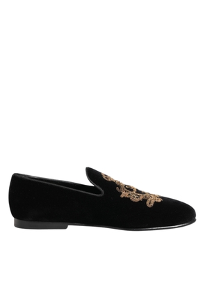 Dolce & Gabbana Black Velvet Gold Crown Mens Loafers Shoes - EU40/US7