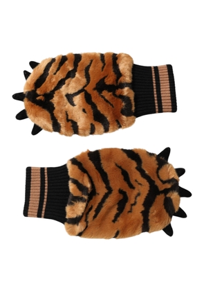 Dolce & Gabbana Brown Tiger Knitted Fur Wrist Mitten One Size Gloves - One Size
