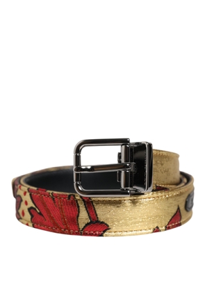 Gold Floral Jacquard Silver Metal Buckle Belt - 90 cm / 36 Inches