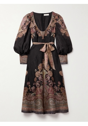 Zimmermann - Illustration Belted Printed Linen And Silk-blend Organza Midi Dress - Black - 00,1,2,3,4