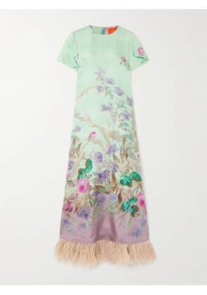 La DoubleJ - Feather-trimmed Floral-print Silk-twill Maxi Dress - Green - xx small,x small,small,medium,large,x large