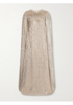 Oscar de la Renta - Cape-effect Crystal And Sequin-embellished Tulle-trimmed Lamé Gown - Silver - small,medium,large,x large