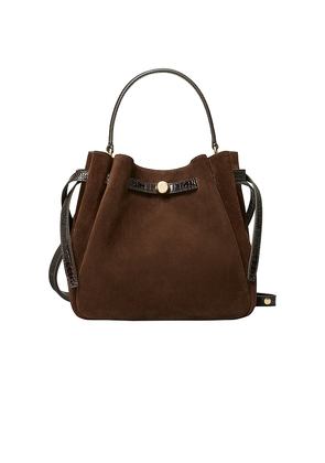 Tory Burch Romy Suede Bucket Bag in Brown.