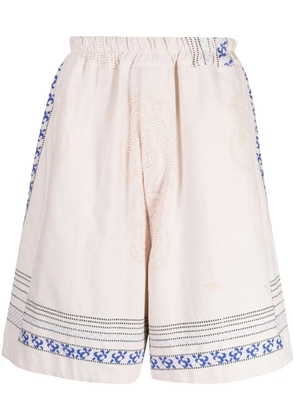 By Walid floral-embroidered linen drop-crotch shorts - Neutrals