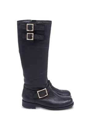 Jimmy Choo Pre-Owned wrinkled buckle biker knee-high boots - Black