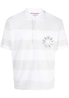 Thom Browne flower-embroidered striped polo shirt - Grey