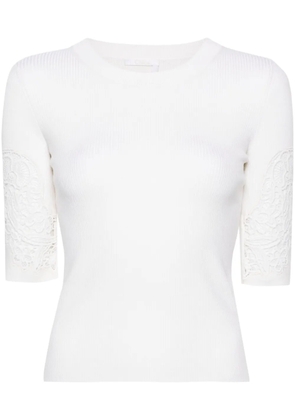 Chloé lace-panelled ribbed-knit T-shirt - Neutrals